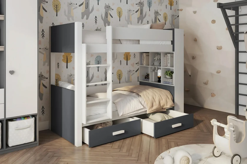 GEORG 90x200 Weiß + Anthrazit Etagenbett für 2 Kinder mit Schubladen Deine Möbel