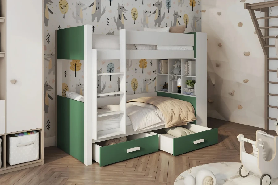 Modernes grünes Etagenbett mit Stauraum und Regalen in einem hellen Kinderzimmer.