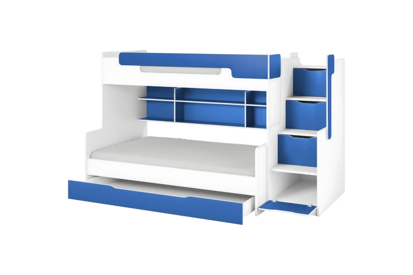 HANNA 90x200/120x200 Weiß + Blau Etagenbett Funktionsbett mit Treppe Deine Möbel