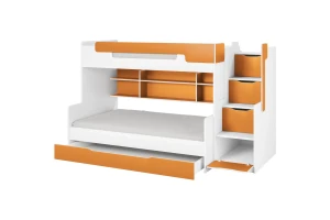 HANNA 90x200/120x200 Weiß + Orange Etagenbett Funktionsbett mit Treppe Deine Möbel