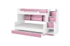 Modernes Mädchenbett in Weiß und Rosa mit Treppe, Regalen und viel Stauraum.