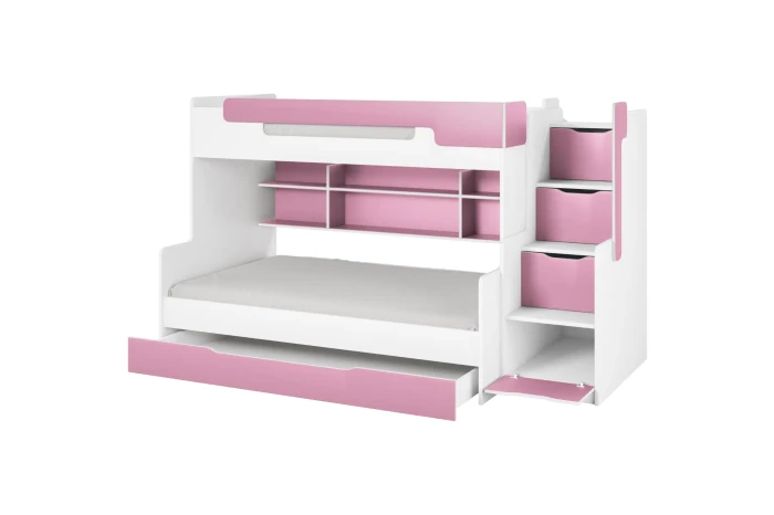 Modernes Mädchenbett in Weiß und Rosa mit Treppe, Regalen und viel Stauraum.