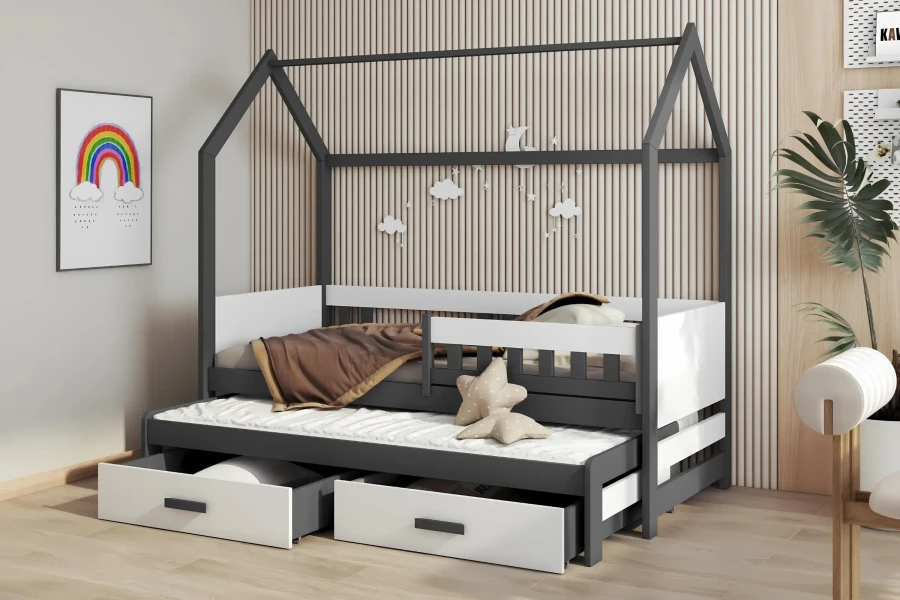 Stilvolles graues Hausbett für Kinder mit weißem Bettschutz und zwei großen Schubladen.