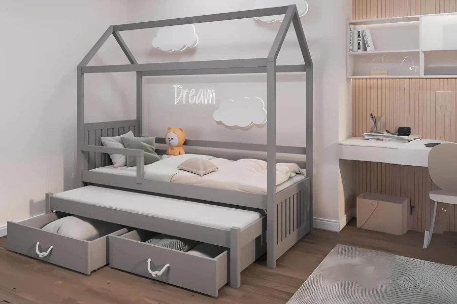 Modernes Kinderhausbett in Grau mit ausziehbarer zweiter Liegefläche und Schubladenset.