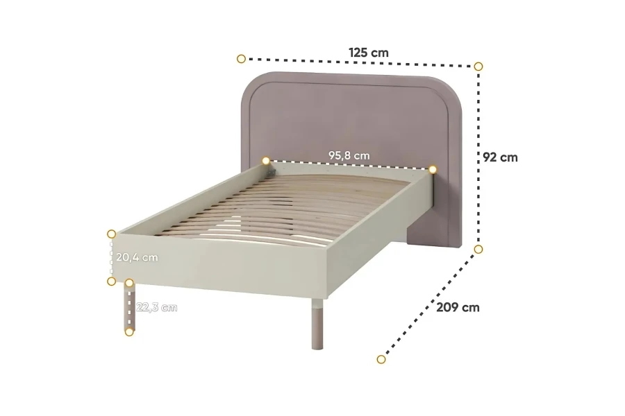 Technische Zeichnung mit Maßen für das Kinderbett 125x209 cm und Details zum Lattenrost.