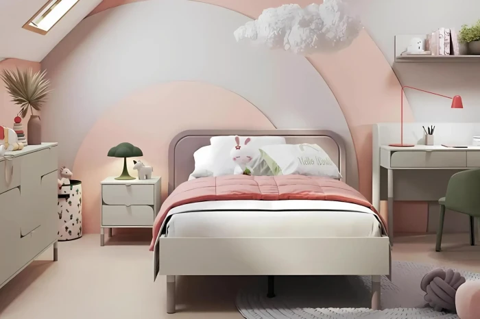 Modern children's room in pink and white with bed, desk and decorative arched wall design.