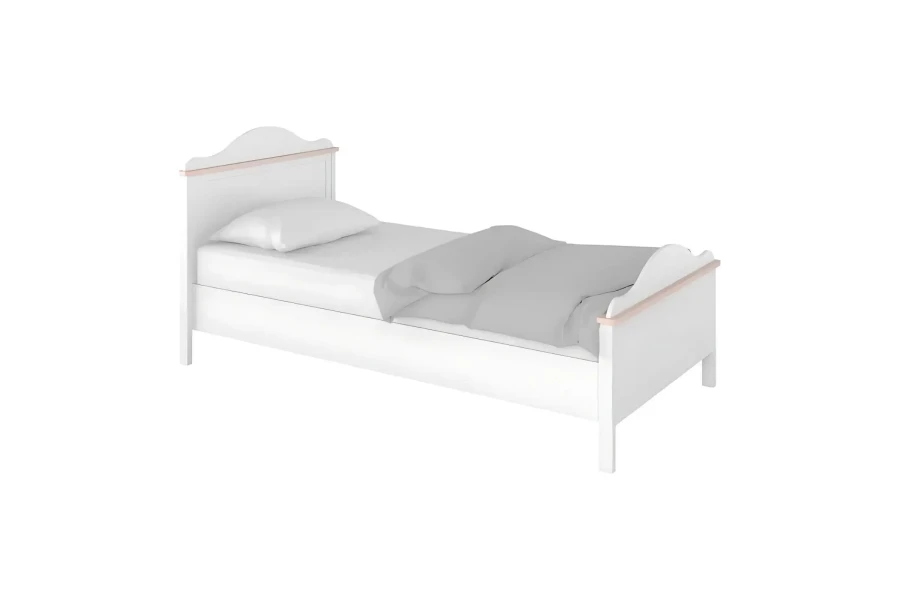 Weißes Holz-Einzelbett für Kinder mit rosa Details auf weißem Hintergrund.