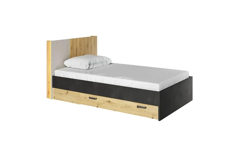 Modernes Einzelbett in Schwarz und Eiche-Optik mit zwei geräumigen Schubladen für das Jugendzimmer.