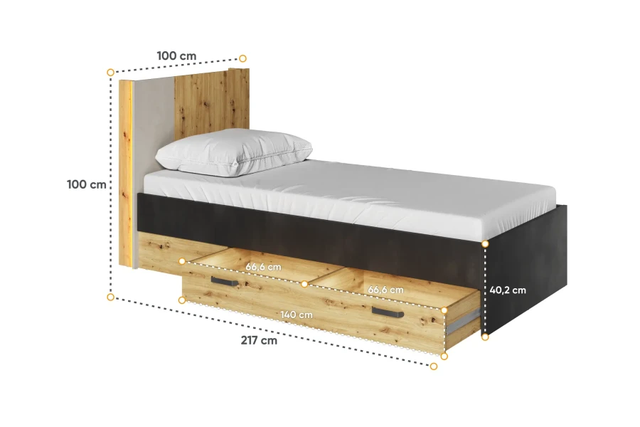 Maßskizze für Funktionsbett: Länge 217 cm, Breite 100 cm, Höhe 100 cm.