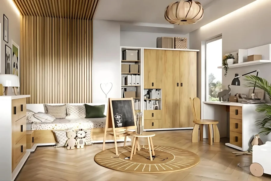 Komplettes Kinderzimmer-Set mit Bett, Schreibtisch, Kleiderschrank und Löwen-Teppich in Holzoptik.