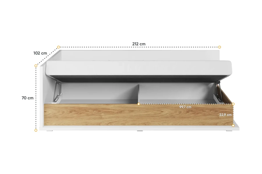 Maßangaben für das Funktionsbett: 212x102x70 cm mit integriertem Stauraum unter der Matratze.