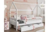 Maßangaben für das Kinderhausbett: 206cm Länge, 155cm Höhe und 97cm Breite mit Schubladendetails.