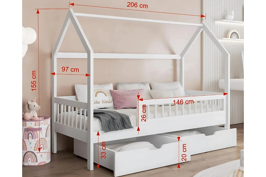 Maßangaben für das Kinderhausbett: 206cm Länge, 155cm Höhe und 97cm Breite mit Schubladendetails.