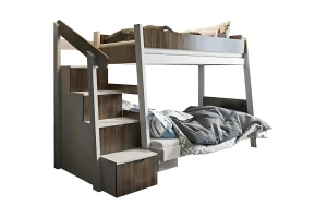 MAYA 90x200/120x200 Weiß + Walnuss Etagenbett mit Treppe und Schubladen Deine Möbel
