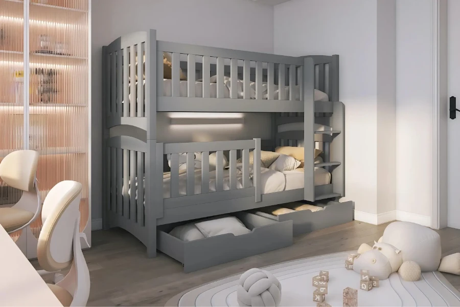 Graues Etagenbett im Kinderzimmer mit integrierten Schubladen und sicherem Rausfallschutz.