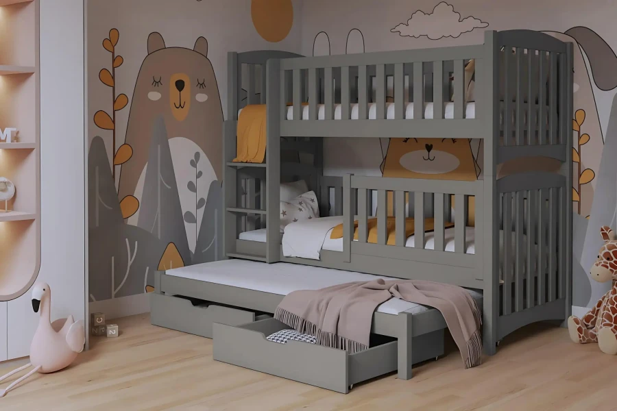 Modernes graues Etagenbett mit Ausziehfunktion und Stauraumschubladen für das Kinderzimmer.