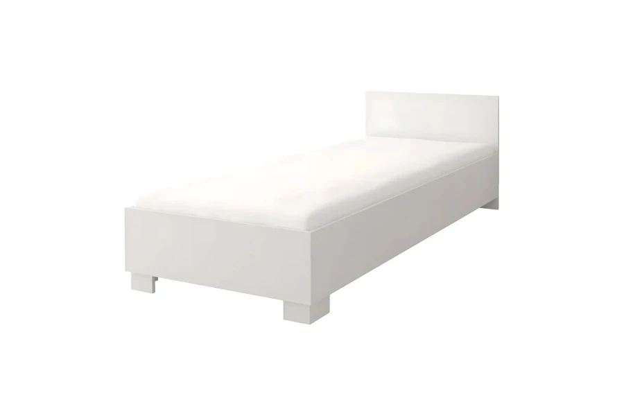 Weißes Einzelbett inklusive Matratze in minimalistischem Design für Kinderzimmer.