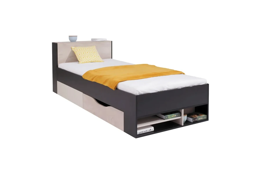 Modernes Jugendbett in Anthrazit und Eiche-Optik mit praktischem Stauraum.