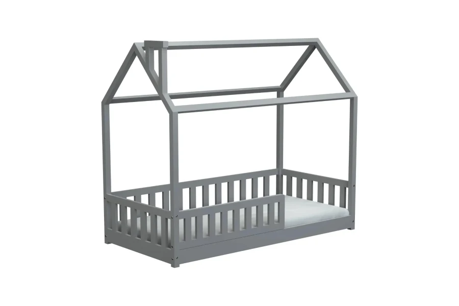 Graues Hausbett aus Holz mit Rausfallschutz und Matratze für das Kinderzimmer.