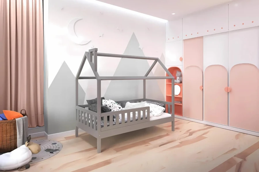 Stilvolles Kinderzimmer für Mädchen mit grauem Hausbett und rosa-weißer Schrankwand.