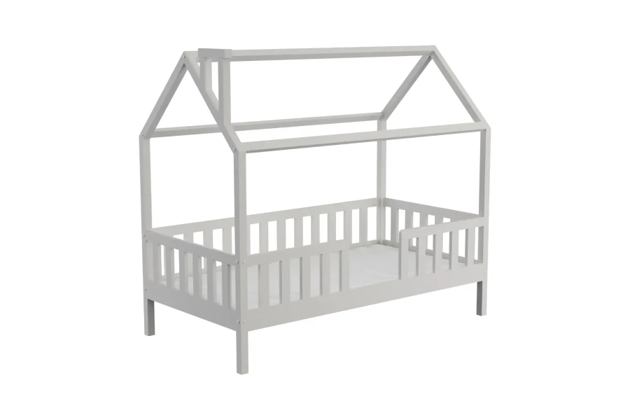 Weißes Hausbett aus Holz für Kinder mit Rausfallschutz, stabiles Kinderbett in Hausform ohne Matratze.