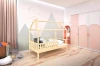 Helles Kinderhausbett in einem Zimmer mit Berg-Wandgestaltung und rosa-weißen Möbeln.