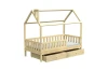 Hausbett aus hellem Holz für Kinder mit Rausfallschutz und zwei Bettschubladen.