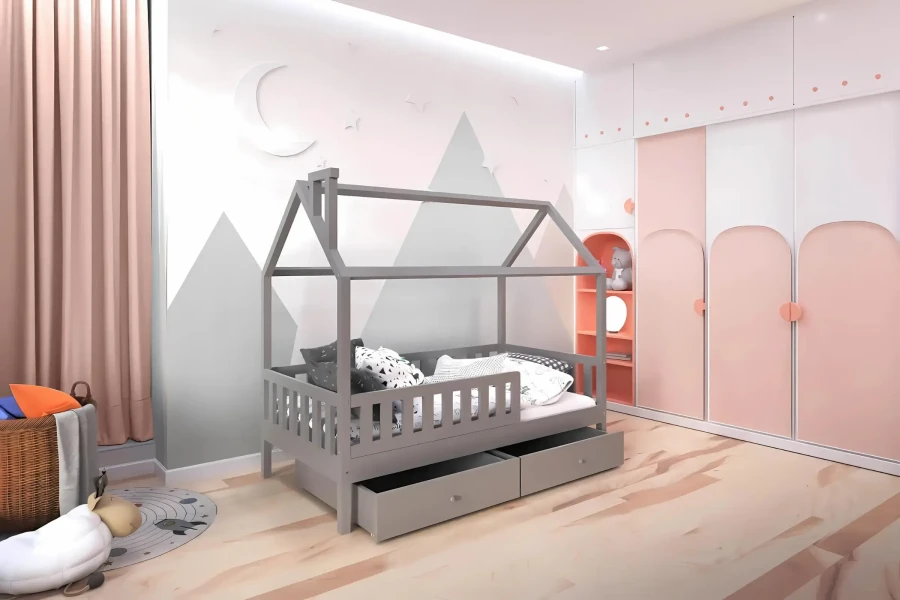 Graues Hausbett für Kinder in einem Zimmer mit Berg-Wandbild und rosa Schränken.
