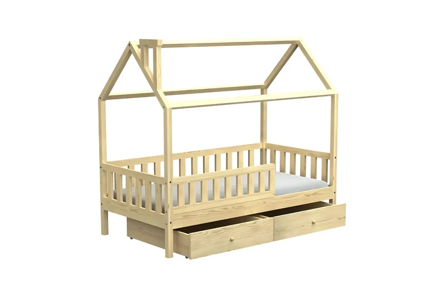 Hausbett aus Kiefernholz Natur mit Rausfallschutz und zwei Bettschubladen für mehr Stauraum.