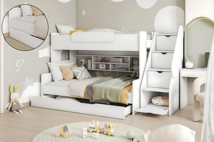 Weißes Kinder-Etagenbett mit Treppenregal, integriertem Bücherbord und ausziehbarer zweiter Schlafgelegenheit.