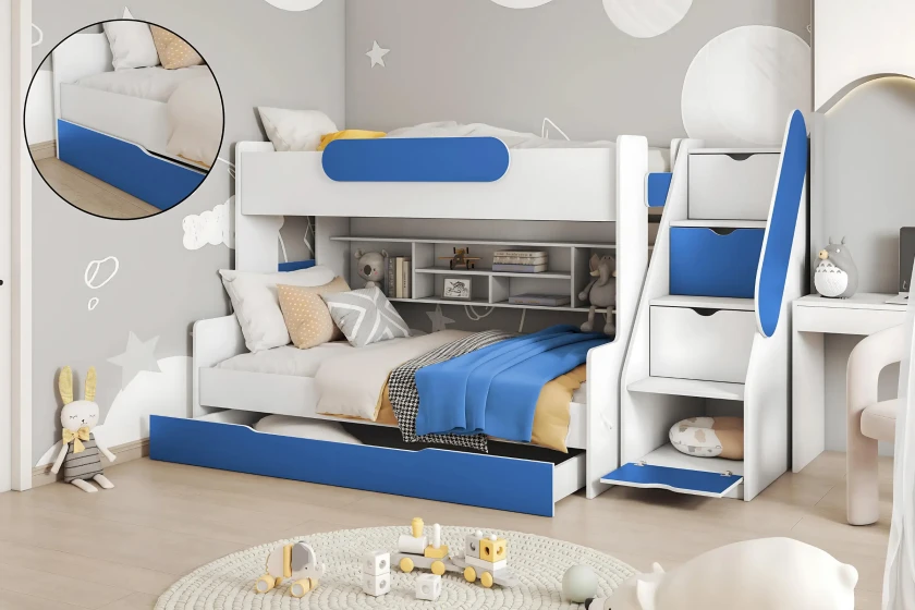 SALLY 90x200/120x200 Weiß + Blau Etagenbett Funktionsbett mit Treppe Deine Möbel