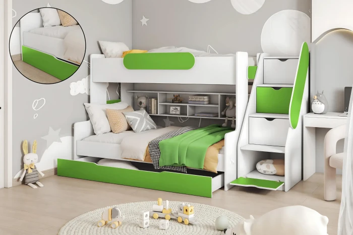White-green children's bunk bed with staircase shelf and additional pull-out bed below.