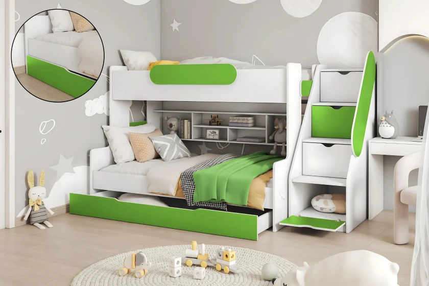 SALLY 90x200/120x200 Weiß + Grün Etagenbett Funktionsbett mit Treppe Deine Möbel