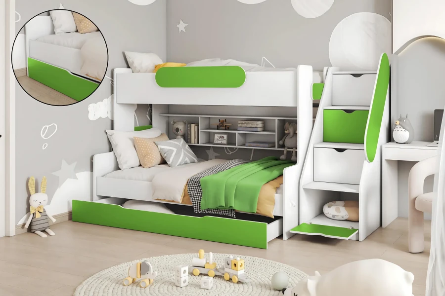 White-green children's bunk bed with staircase shelf and additional pull-out bed below.