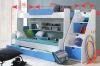 Bunk bed in blue-white with staircase shelf and dimensions for the nursery.