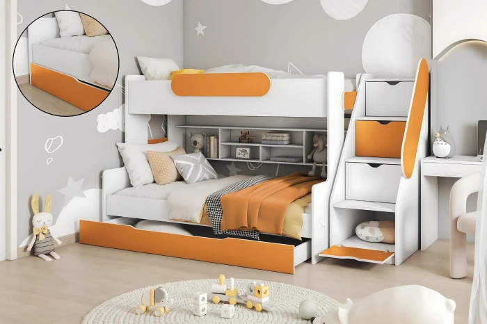 Modernes Kinderhochbett in Orange-Weiß mit funktionalen Treppenschubladen.