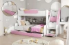 Roze-wit hoogslaper voor meisjes in een modern ingerichte kinderkamer met trappenkast.