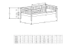Technische Skizze mit Abmessungen und Größentabelle für Kinderbetten in verschiedenen Maßen.