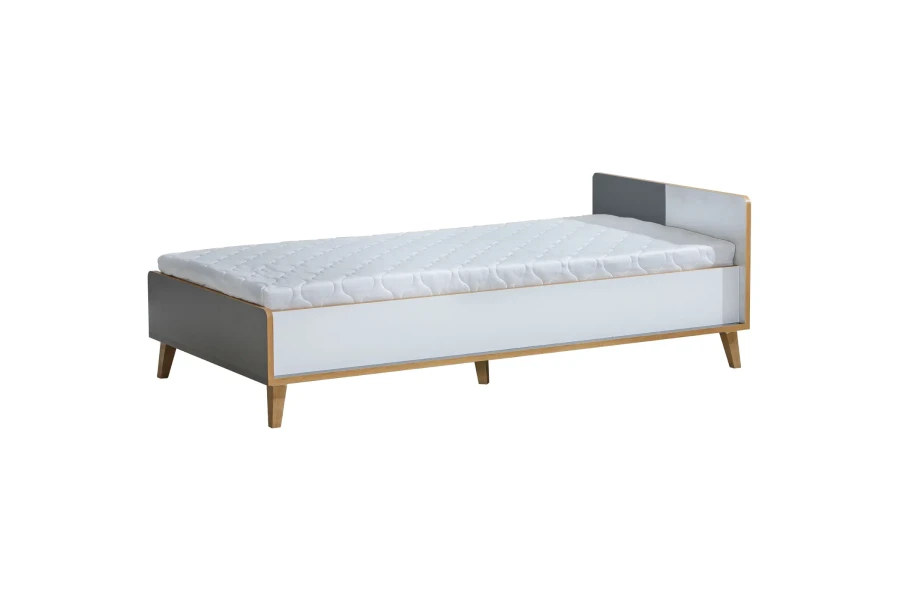 Modernes Jugendbett in Weiß und Grau mit schlichtem Design und Holzbeinen.