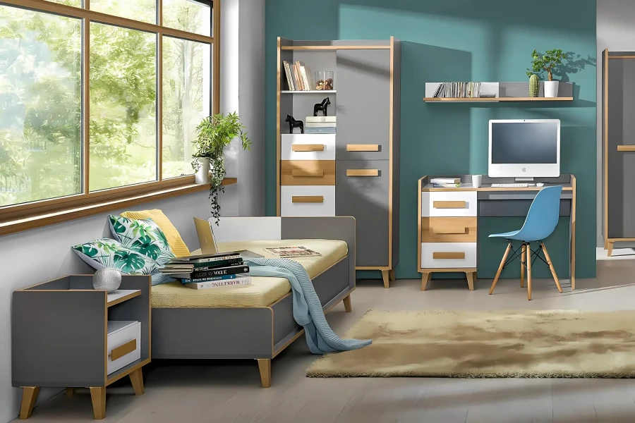 Modernes Jugendzimmer mit Bett, Schreibtisch und Schrank in Grau und Eiche-Optik.