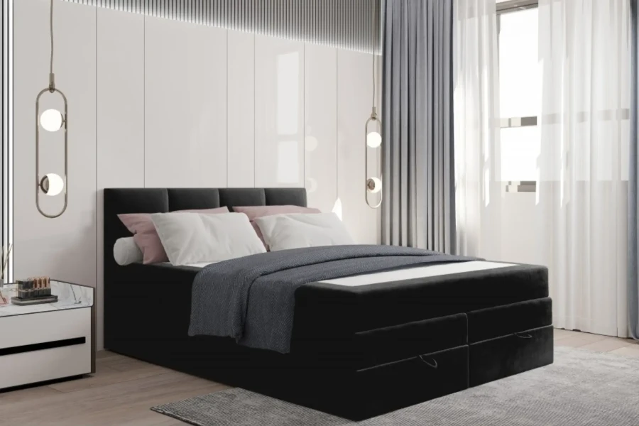 Elegantes schwarzes Polsterbett mit hohem Kopfteil in einem modern gestalteten Schlafzimmer.