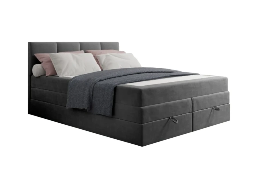 Elegantes dunkelgraues Boxspringbett mit integriertem Stauraum und gepolstertem Kopfteil.