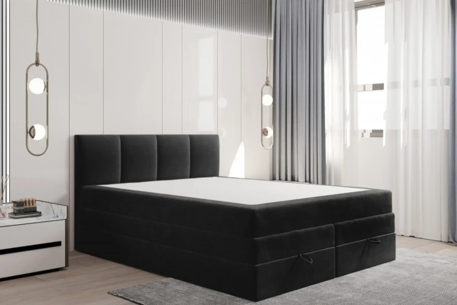 Modernes anthrazitfarbenes Boxspringbett mit Bettkasten ohne Bettzeug