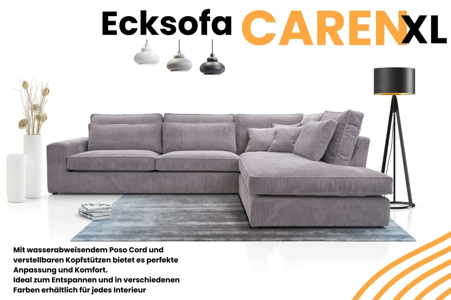 Ecksofa Caren XL in Lila, wasserabweisender Poso Cord Stoff, große Wohnlandschaft.