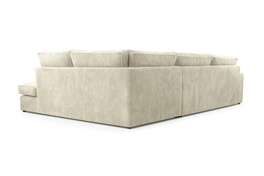 Rückansicht eines hellen Ecksofas aus Cord-Stoff, ideal für freies Aufstellen.