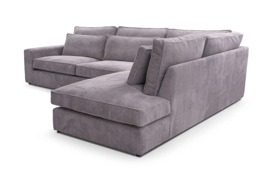 Ecksofa in Flieder aus Cordstoff, moderne Polsterecke für das Wohnzimmer.
