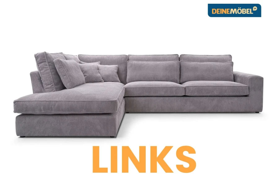 Modernes Ecksofa aus Cord in Grau-Violett, Ausrichtung links.