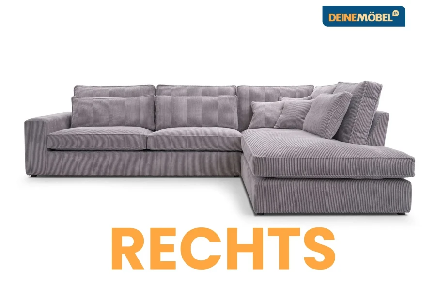 Modernes Ecksofa aus Cord in Grau-Violett, Ausrichtung rechts.