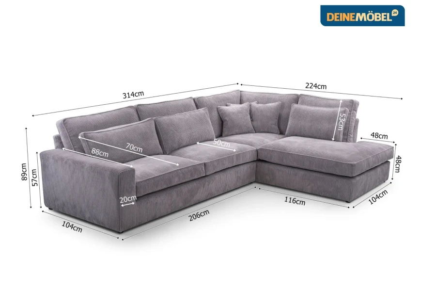 Detaillierte Maße des Cord-Ecksofas: 314x224 cm Stellfläche.
