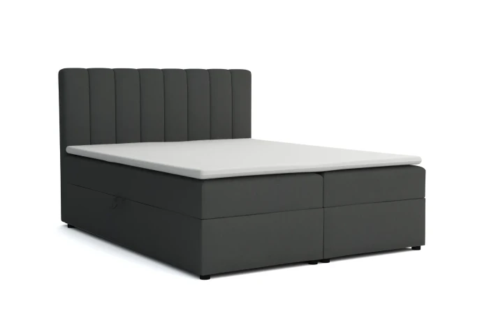 Dunkelgraues Boxspringbett mit Bettkasten und gestepptem Kopfteil